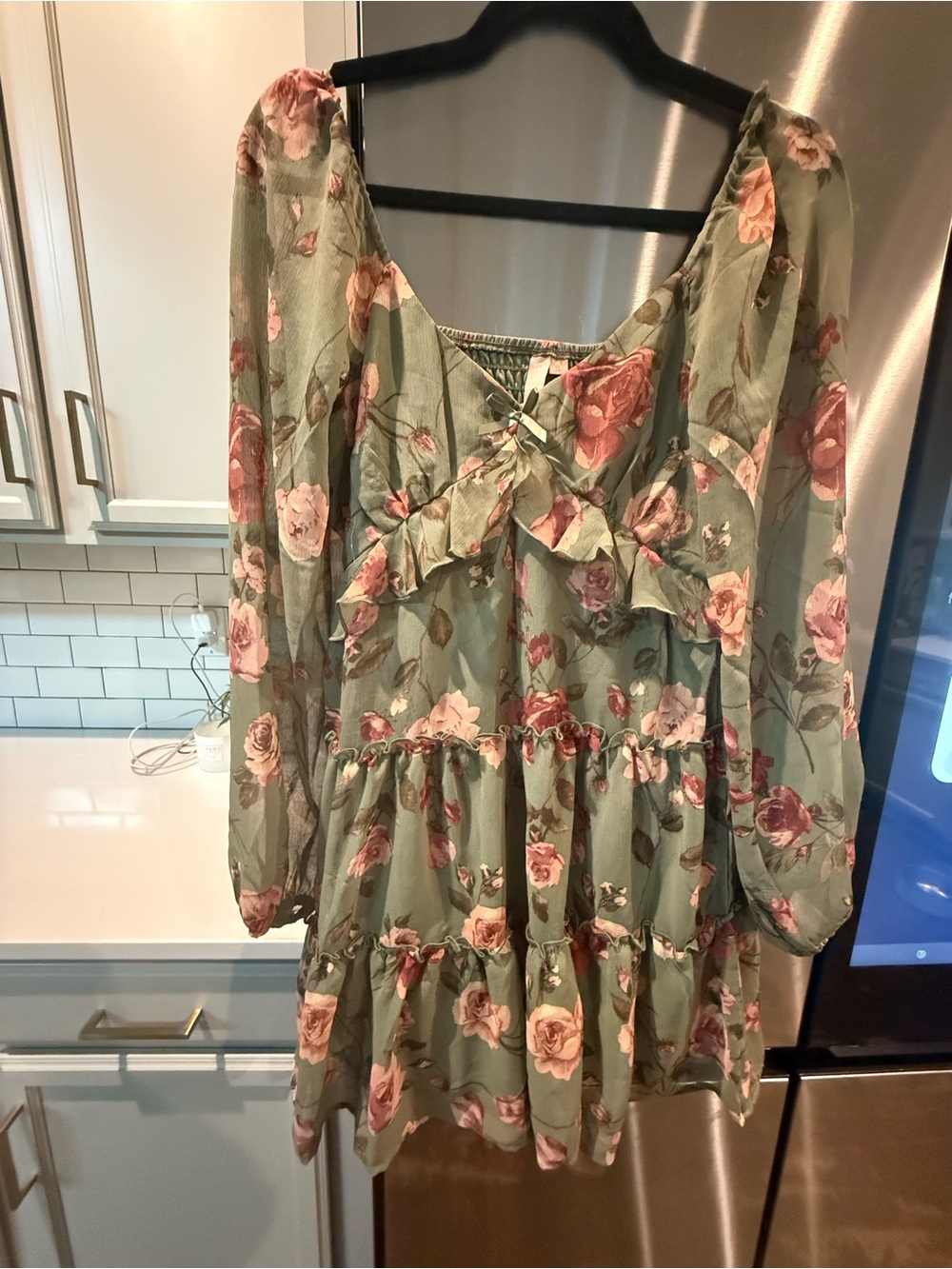 Free People Olive Green Floral Ruffle Tiered Dress